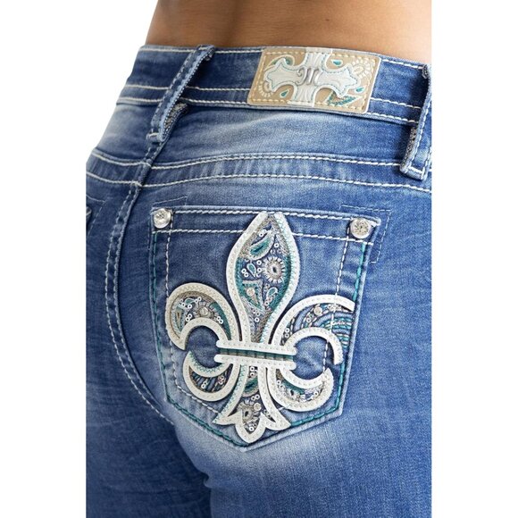 Women's Bootcut Jeans Paisley Print Fleur De Lis Mid-Rise Cotton Stylish - Picture 4 of 4